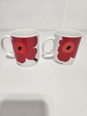 Marimekko Red Unikko Floral Ceramic Mugs - Pair